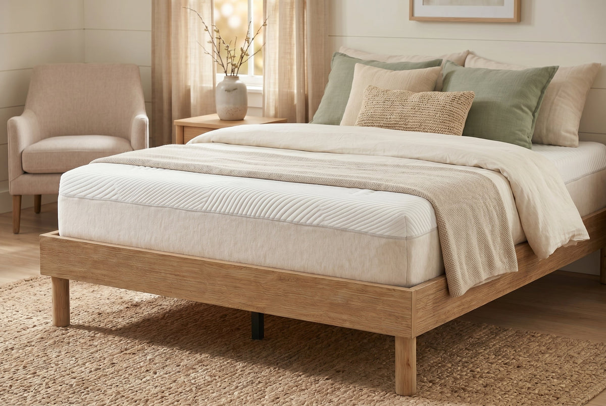 King Low-Profile Platform Bed Frame, Natural Oak-Look
