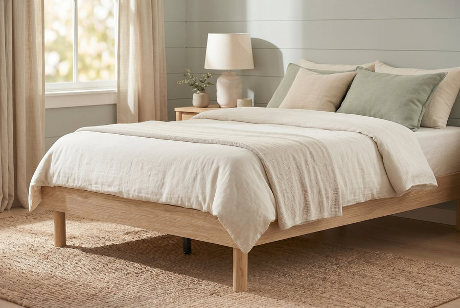 Double Low-Profile Platform Bed Frame, Natural Oak-Look