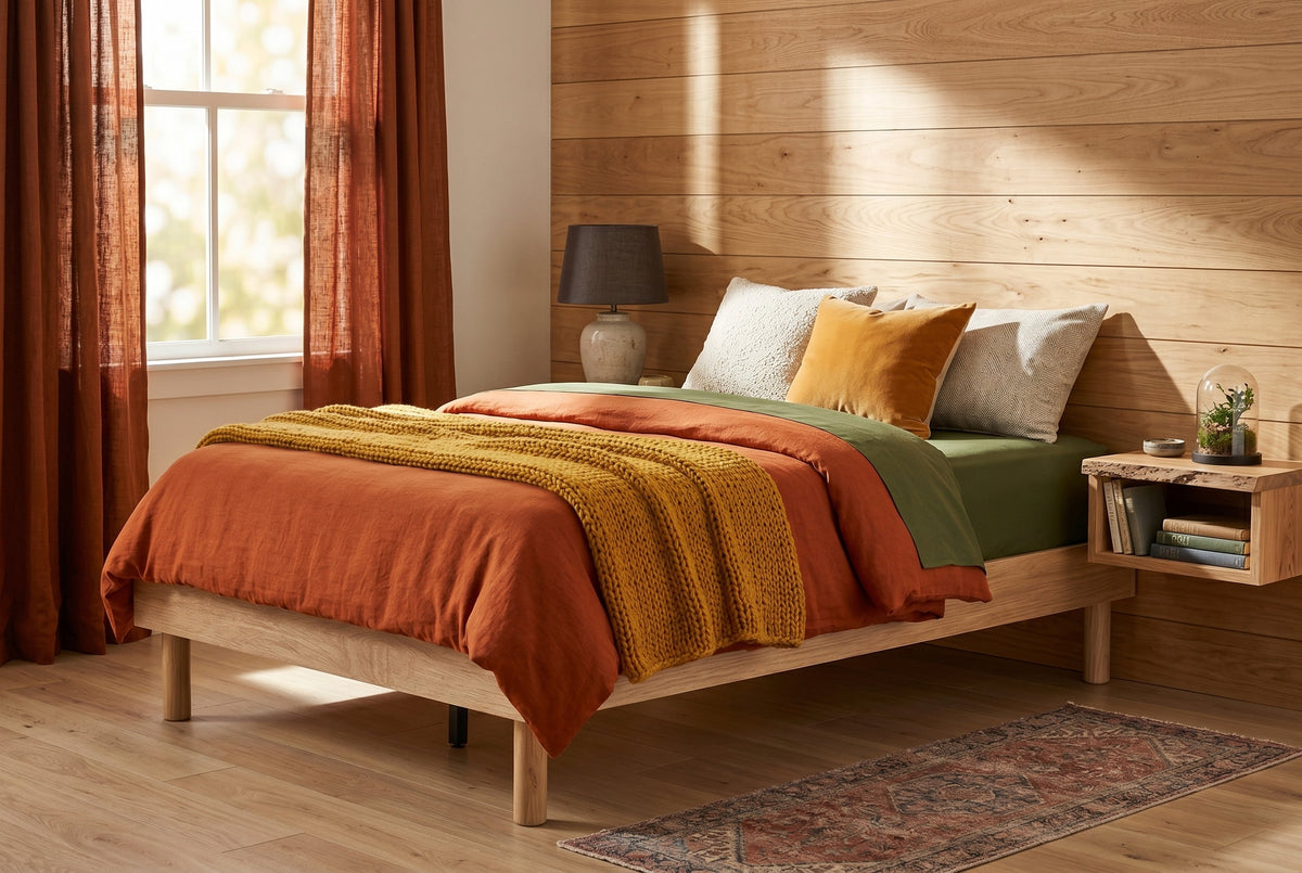 Double Low-Profile Platform Bed Frame, Natural Oak-Look – view 4