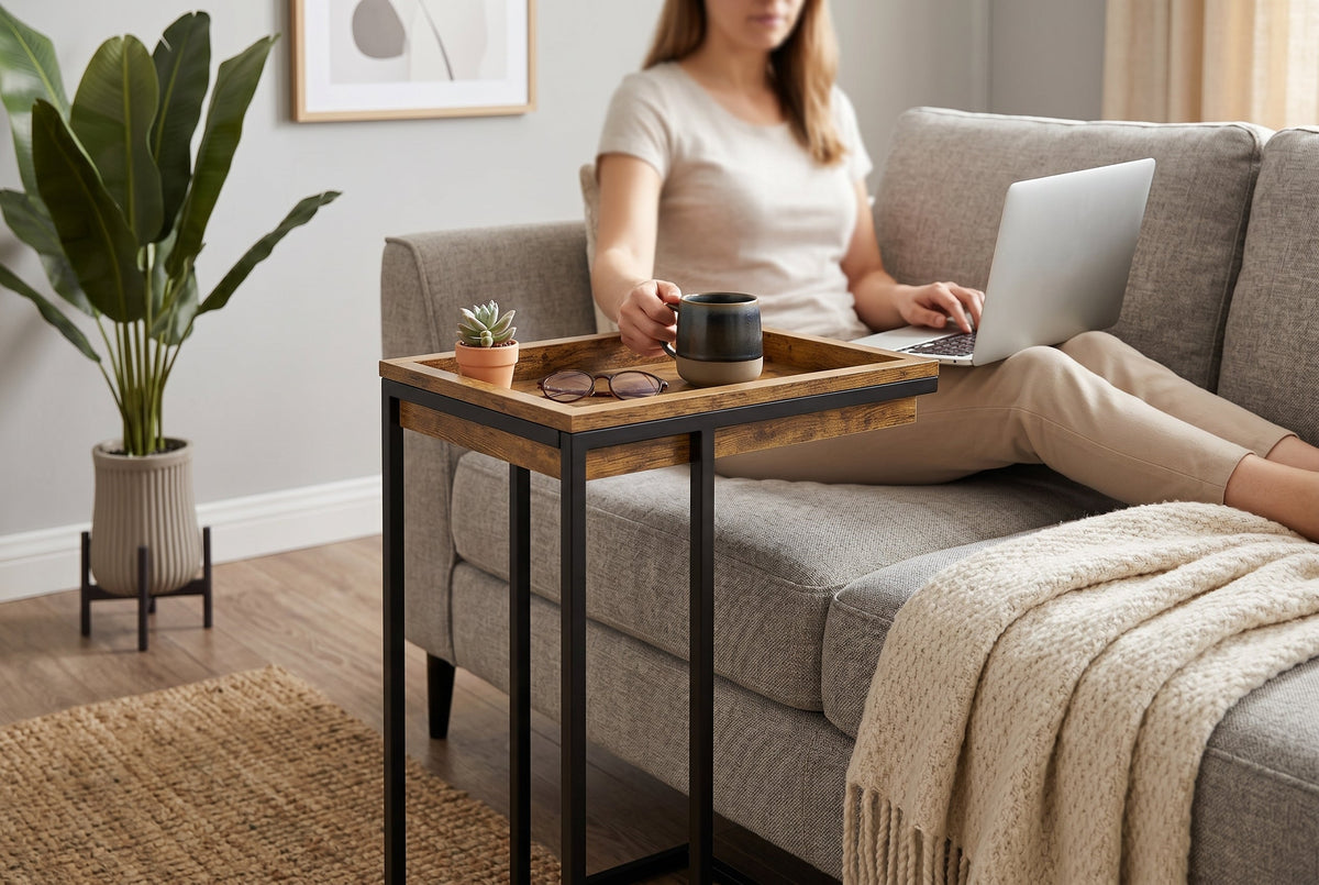 C-Shaped Slide-Under End Table with Sunken Tray Top, Black Metal Frame – view 3