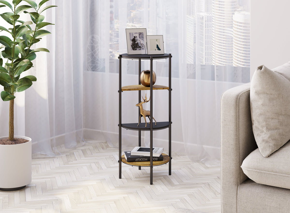 Round 4-Tier Etagere Side Table, Reclaimed-Wood-Look Shelves, Black Metal Frame – view 2