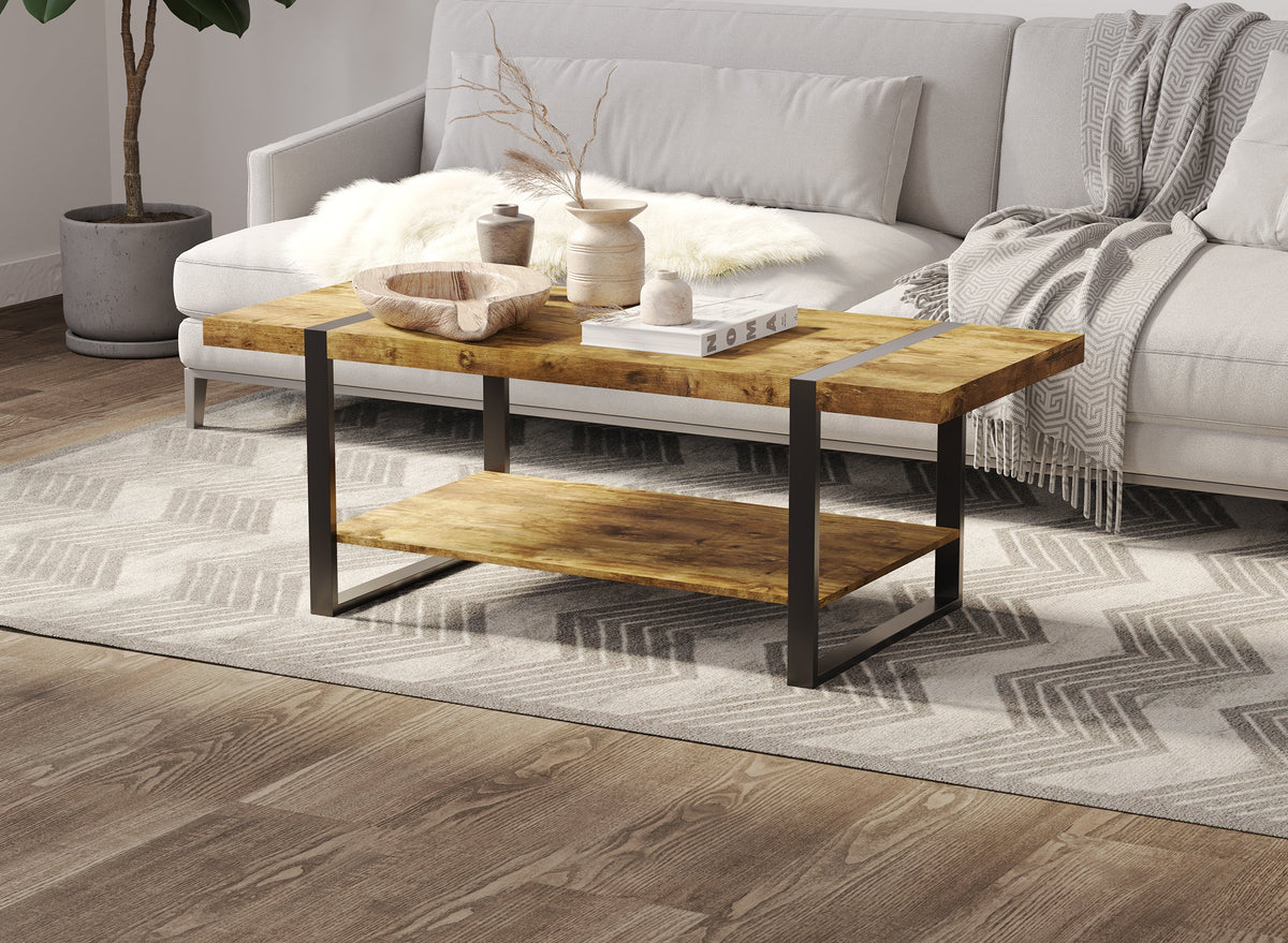 44-Inch Coffee Table with Lower Shelf, Reclaimed-Wood-Look Finish, Black Metal Base – view 2