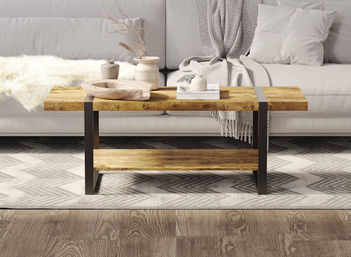 44-Inch Coffee Table with Lower Shelf, Reclaimed-Wood-Look Finish, Black Metal Base – view 3