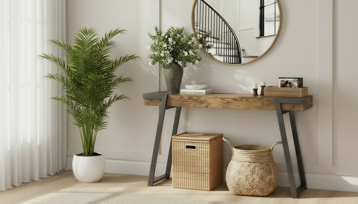 47-Inch Console Table, Reclaimed-Wood-Look Finish, Black Metal Base