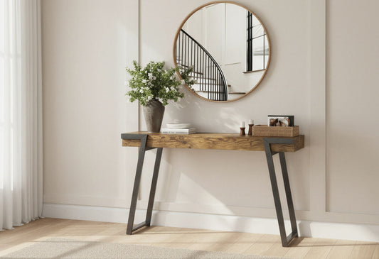47-Inch Console Table, Reclaimed-Wood-Look Finish, Black Metal Base – view 2