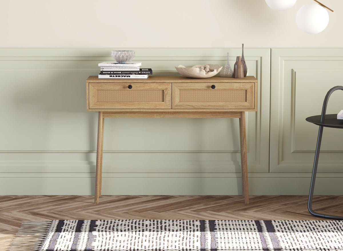 Mid-Century Style Console Table with 2 Rattan-Front Drawers, Natural Wood-Look Finish