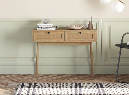 Mid-Century Style Console Table with 2 Rattan-Front Drawers, Natural Wood-Look Finish