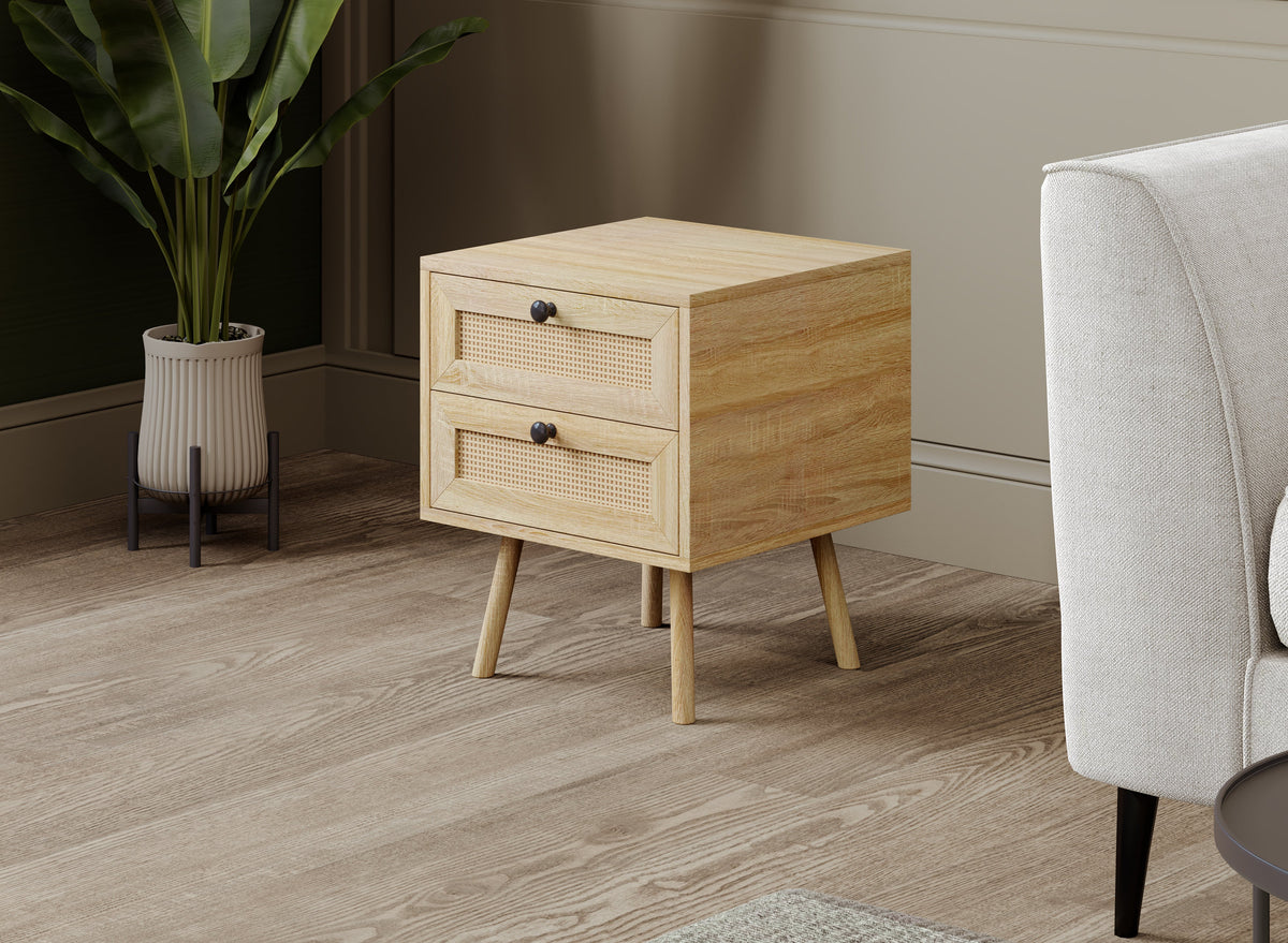 2-Drawer Nightstand with Cane-Look Fronts, Natural Wood-Look Finish – view 2