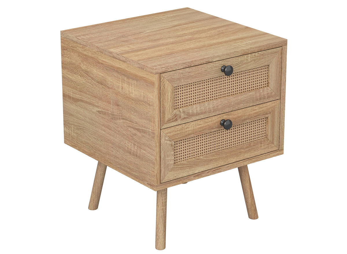 2-Drawer Nightstand with Cane-Look Fronts, Natural Wood-Look Finish