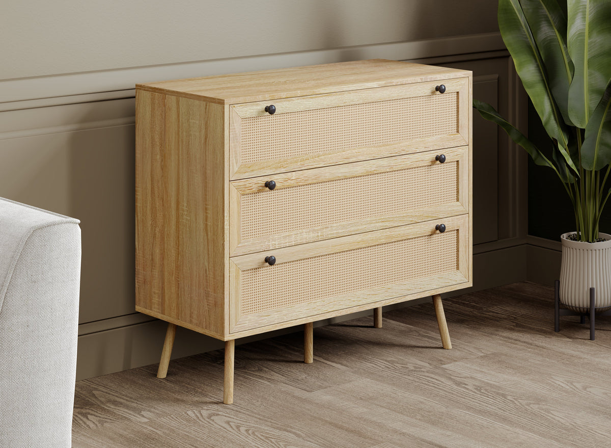 3-Drawer Dresser with Cane-Look Fronts, Natural Wood-Look Finish – view 3