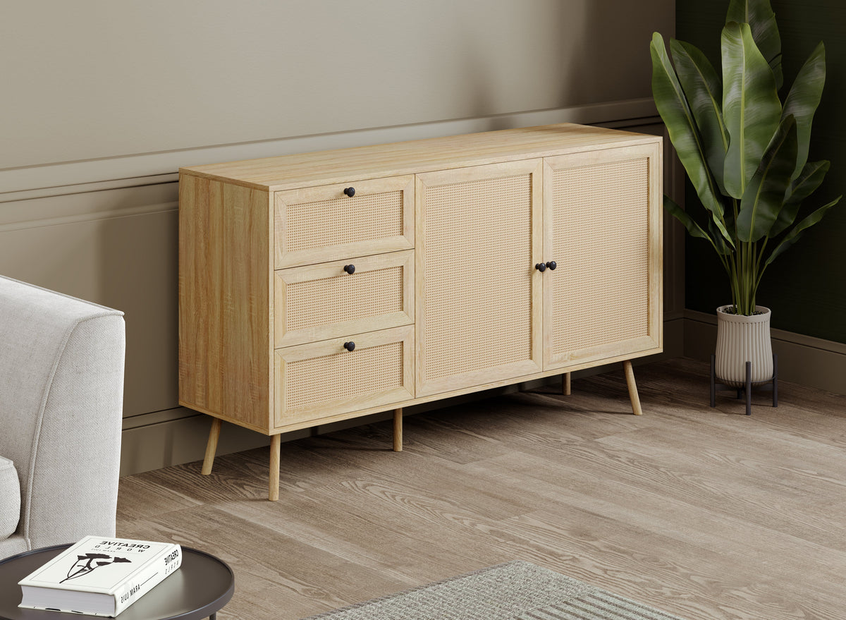 Sideboard Buffet with 2 Doors and 3 Drawers, Cane-Look Fronts, Wood-Look Finish – view 3