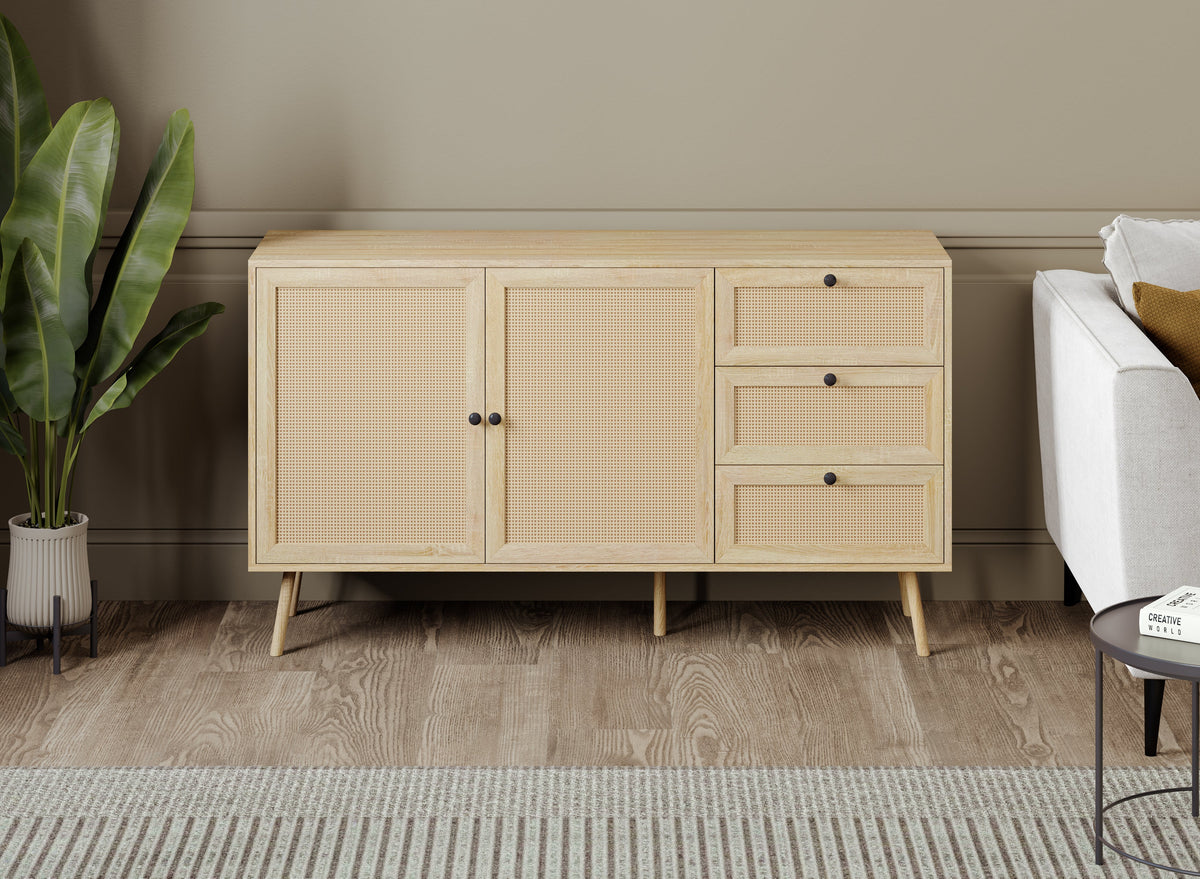 Sideboard Buffet with 2 Doors and 3 Drawers, Cane-Look Fronts, Wood-Look Finish – view 4