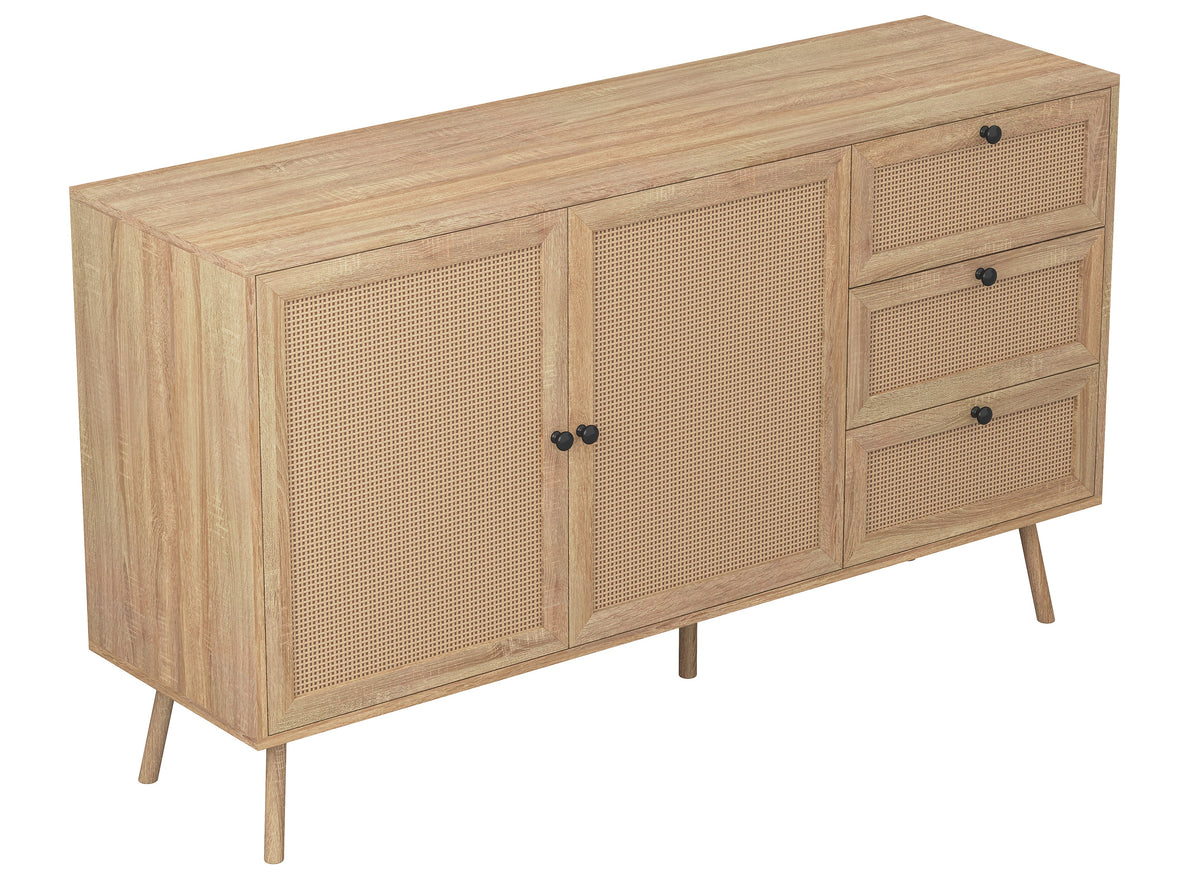 Sideboard Buffet with 2 Doors and 3 Drawers, Cane-Look Fronts, Wood-Look Finish