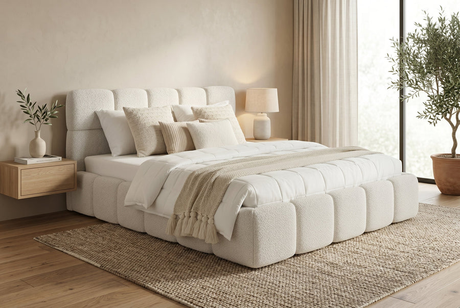 Off-White Boucle Upholstered King Bed Frame