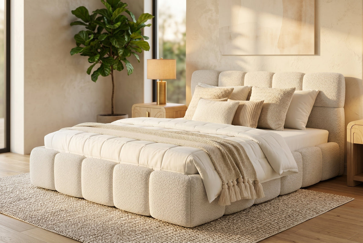 Off-White Boucle Upholstered Queen Bed Frame – view 2