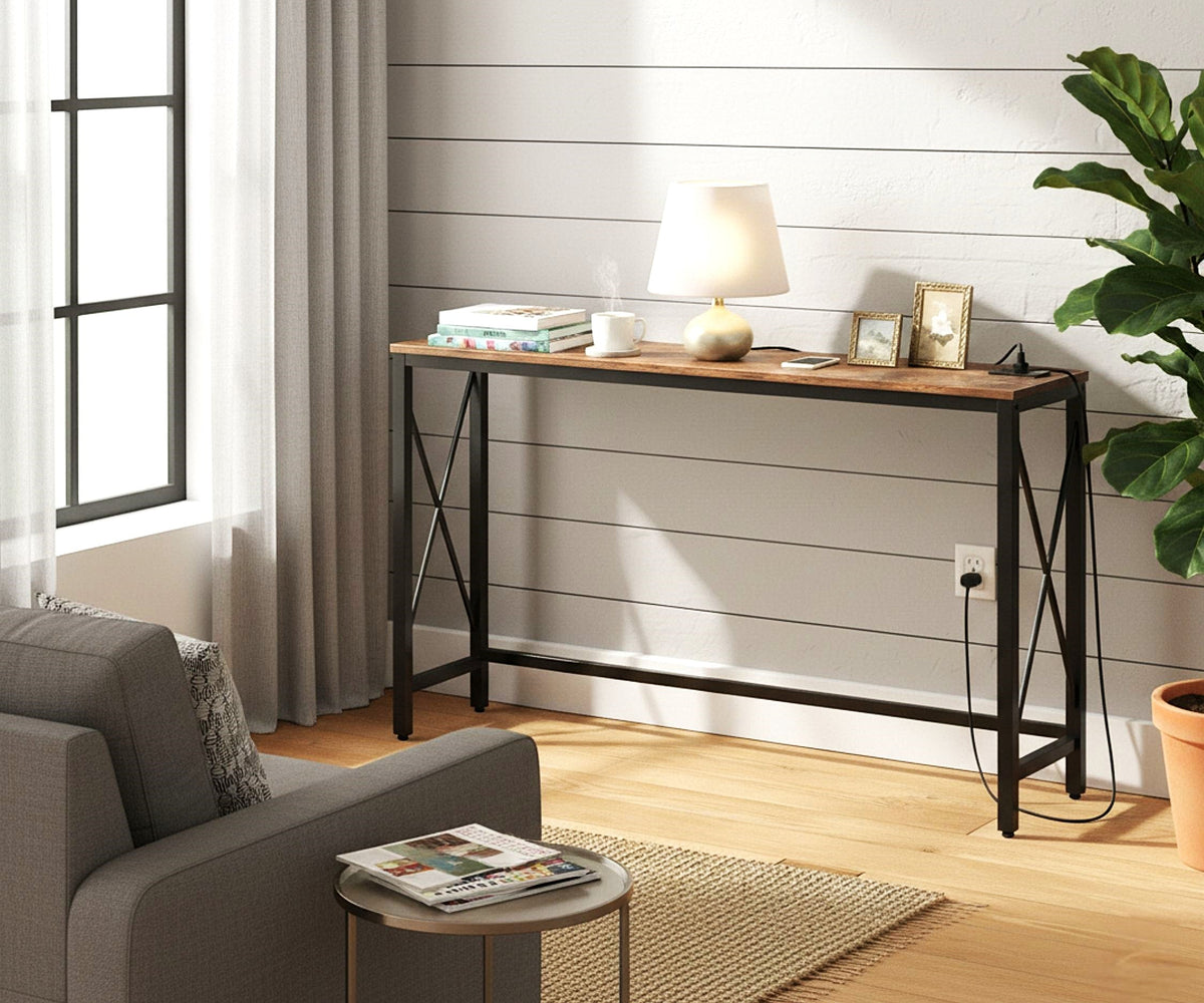 55-Inch Console Table with Built-In Outlets and USB Ports, Reclaimed-Wood-Look Finish