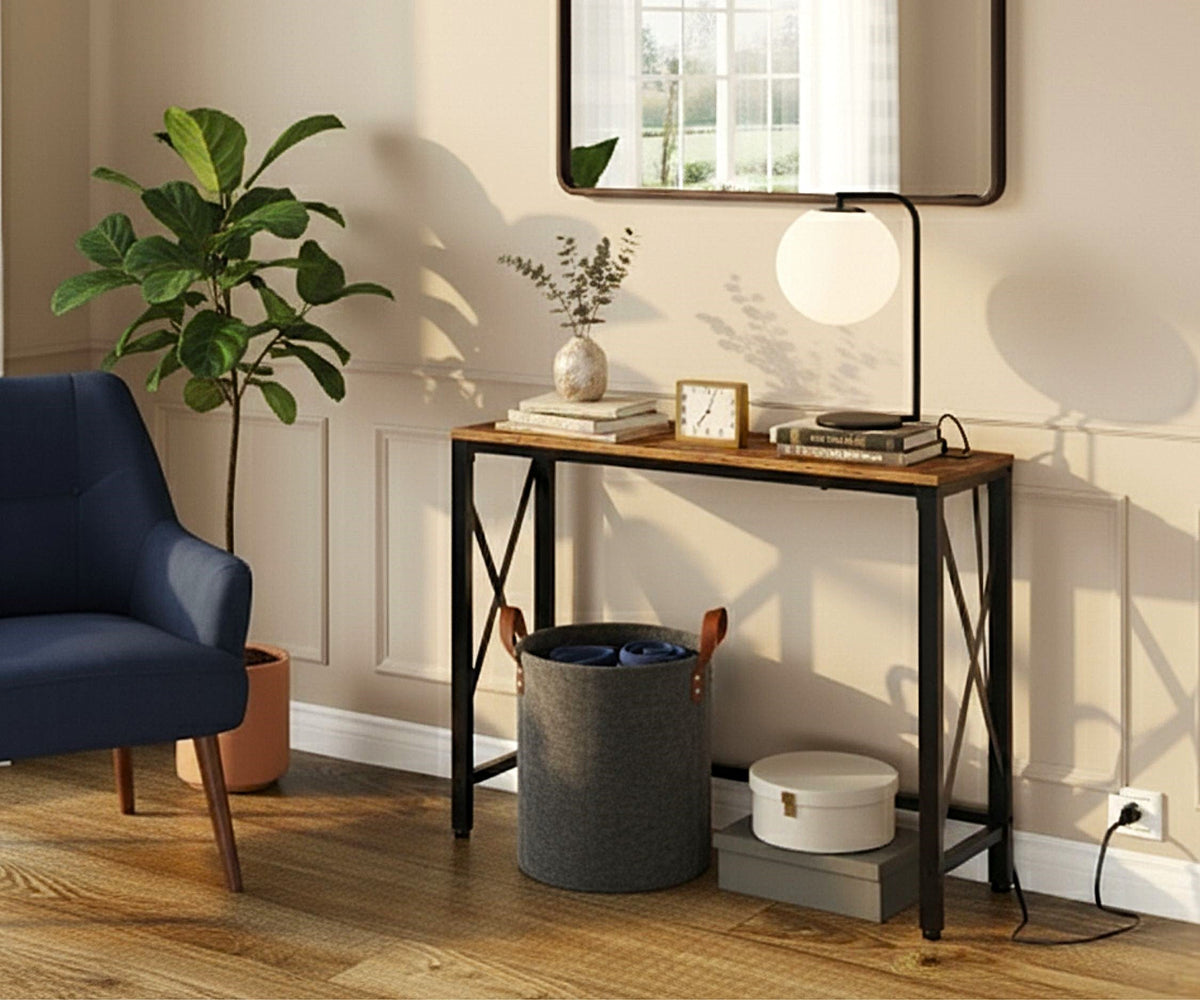 55-Inch Console Table with Built-In Outlets and USB Ports, Reclaimed-Wood-Look Finish – view 2