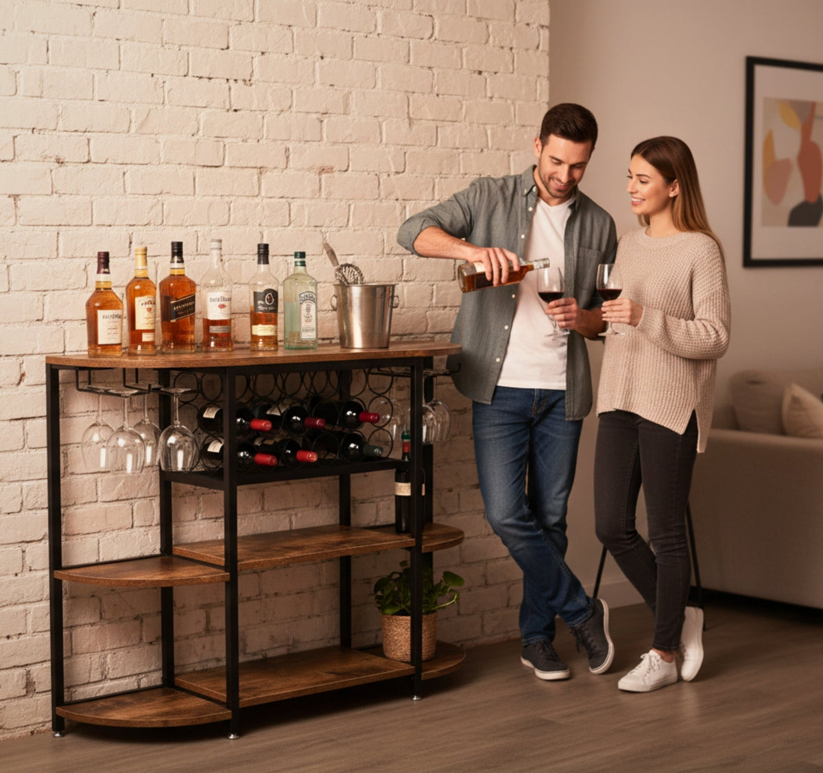 Home Bar Cabinet with Wine Rack and Stemware Rails, Reclaimed-Wood-Look Finish – view 2
