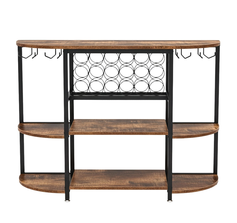 Home Bar Cabinet with Wine Rack and Stemware Rails, Reclaimed-Wood-Look Finish