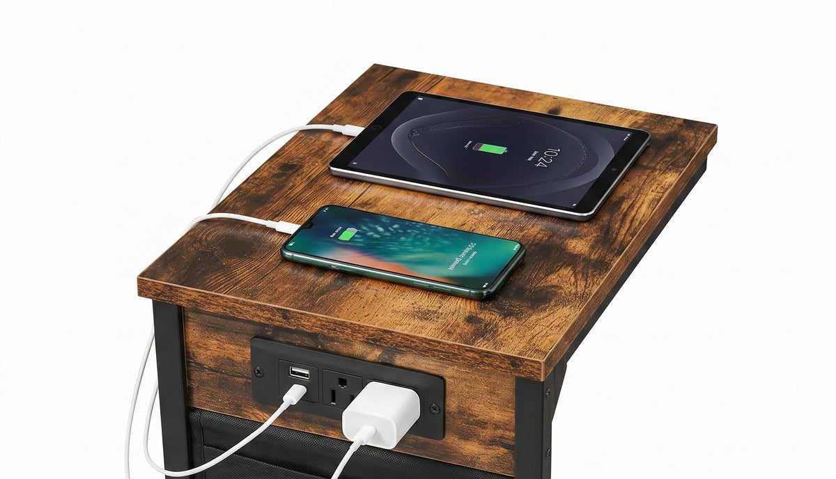 Set of 2 C-Shaped End Tables with Built-In Outlets and USB Ports, Reclaimed-Wood-Look Finish – view 4