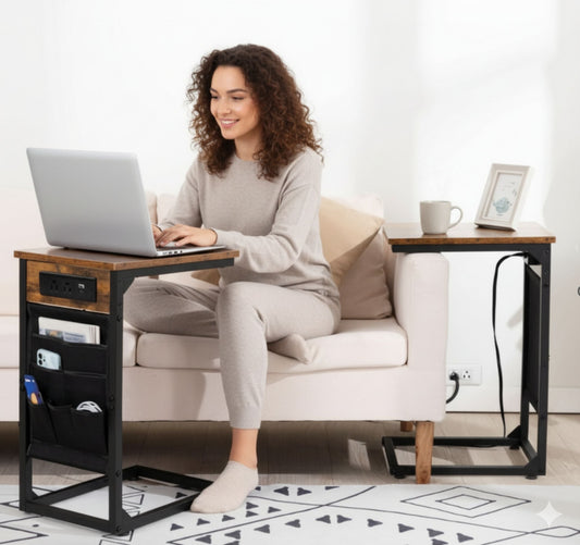 Set of 2 C-Shaped End Tables with Built-In Outlets and USB Ports, Reclaimed-Wood-Look Finish – view 2