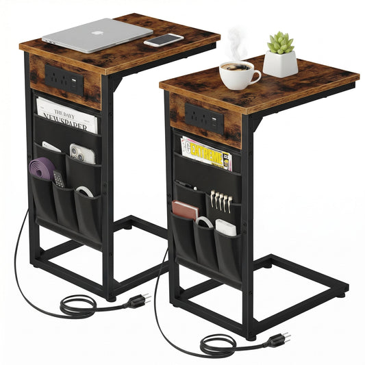 Set of 2 C-Shaped End Tables with Built-In Outlets and USB Ports, Reclaimed-Wood-Look Finish