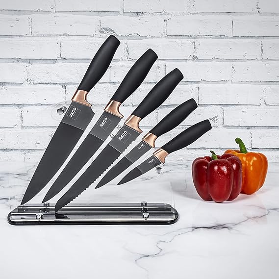 6-Piece Steel Kitchen Knife Set with Acrylic Block, Black Handles with Rose Gold Accents