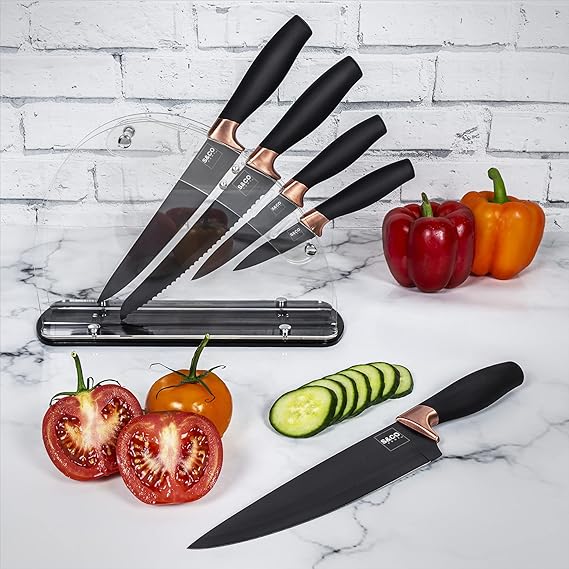 6-Piece Steel Kitchen Knife Set with Acrylic Block, Black Handles with Rose Gold Accents – view 3