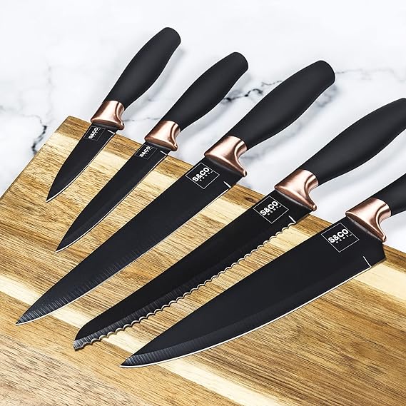 6-Piece Steel Kitchen Knife Set with Acrylic Block, Black Handles with Rose Gold Accents – view 5
