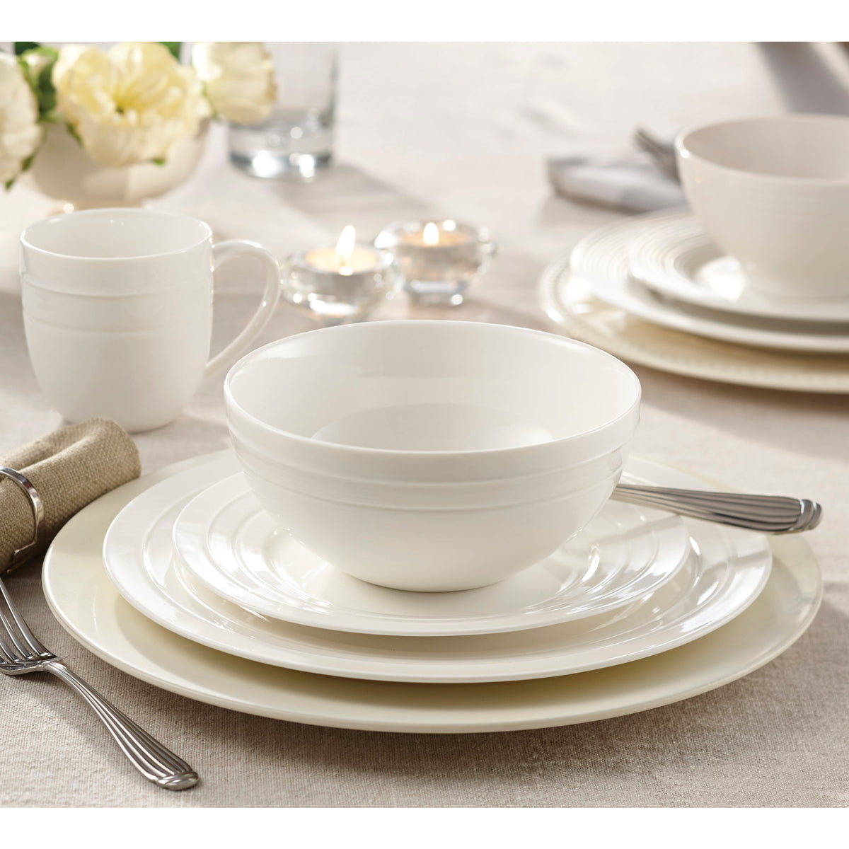 White Embossed Round Rim Bone China Dinnerware Set, 32-Piece