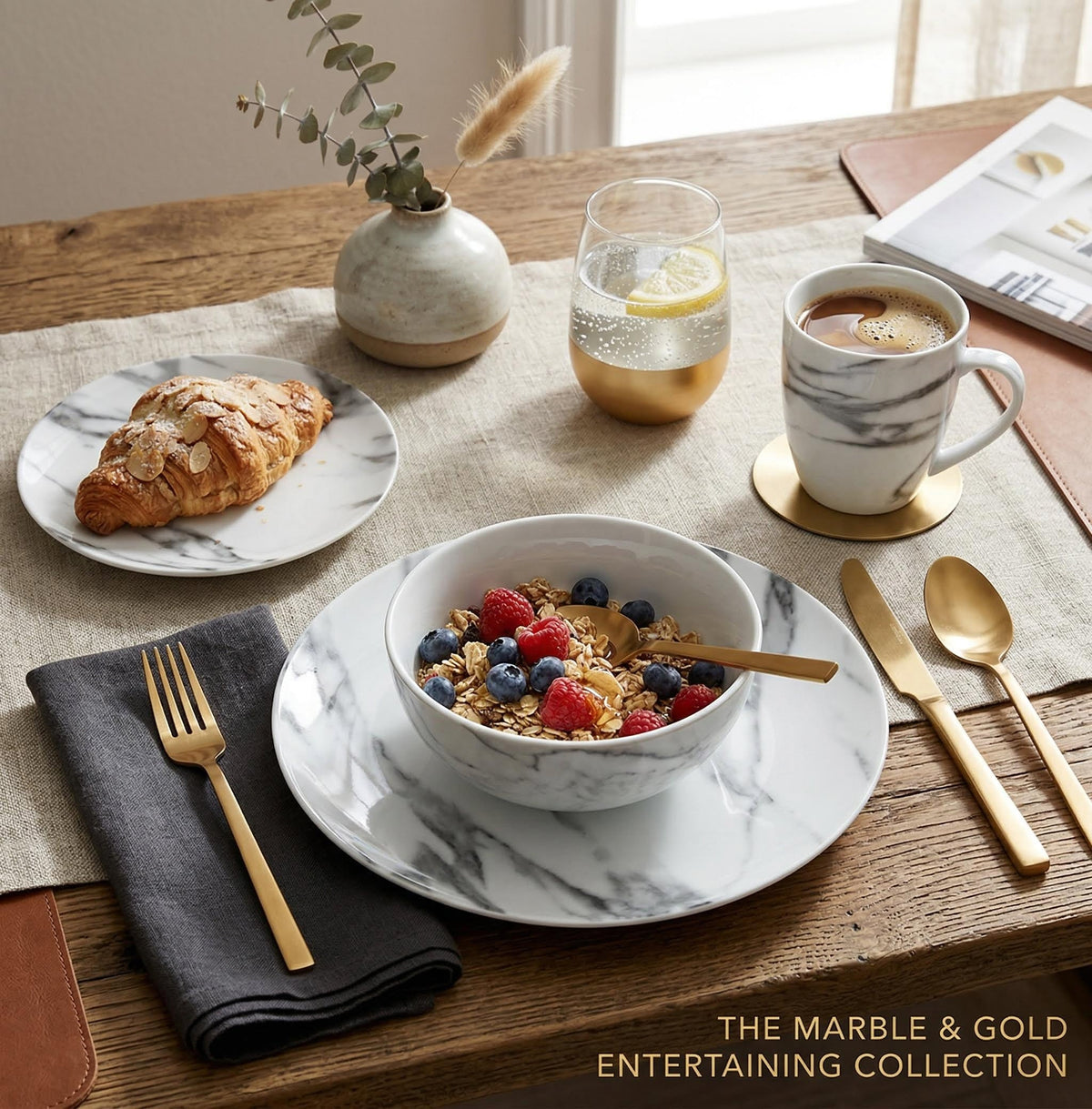 Gray Marble-Look Porcelain 16-Piece Dinnerware Set with Gold Flatware