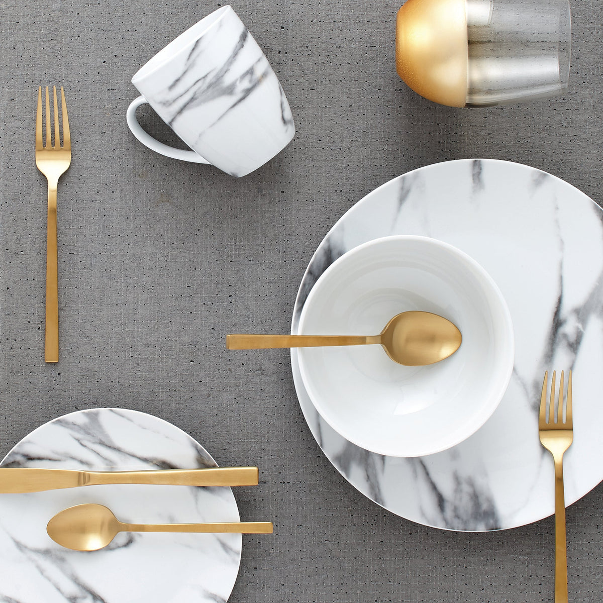 Gray Marble-Look Porcelain 16-Piece Dinnerware Set with Gold Flatware – view 7