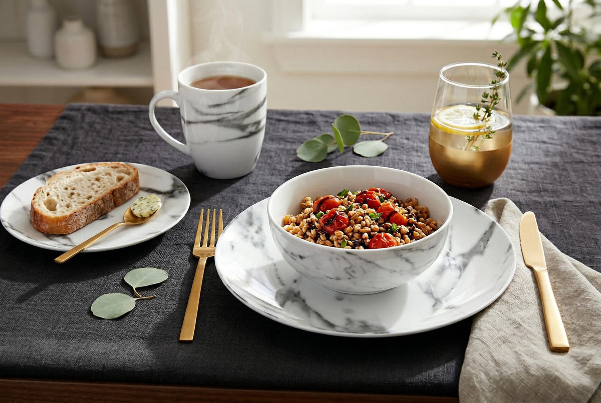 Gray Marble-Look Porcelain 16-Piece Dinnerware Set with Gold Flatware – view 8