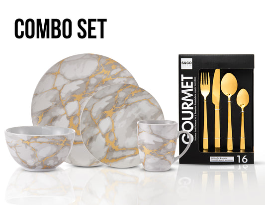 32 Piece Designer Exclusive Combo Set | 16 Piece Dinnerware Set Marble Gold Look & 16 Piece Set Flatware Set Gold, Service for 4, Dishwasher Safe, Plates, Soup or Cereal Bowls, Mugs, Forks, Spoon