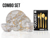 32 Piece Designer Exclusive Combo Set | 16 Piece Dinnerware Set Marble Gold Look & 16 Piece Set Flatware Set Gold, Service for 4, Dishwasher Safe, Plates, Soup or Cereal Bowls, Mugs, Forks, Spoon