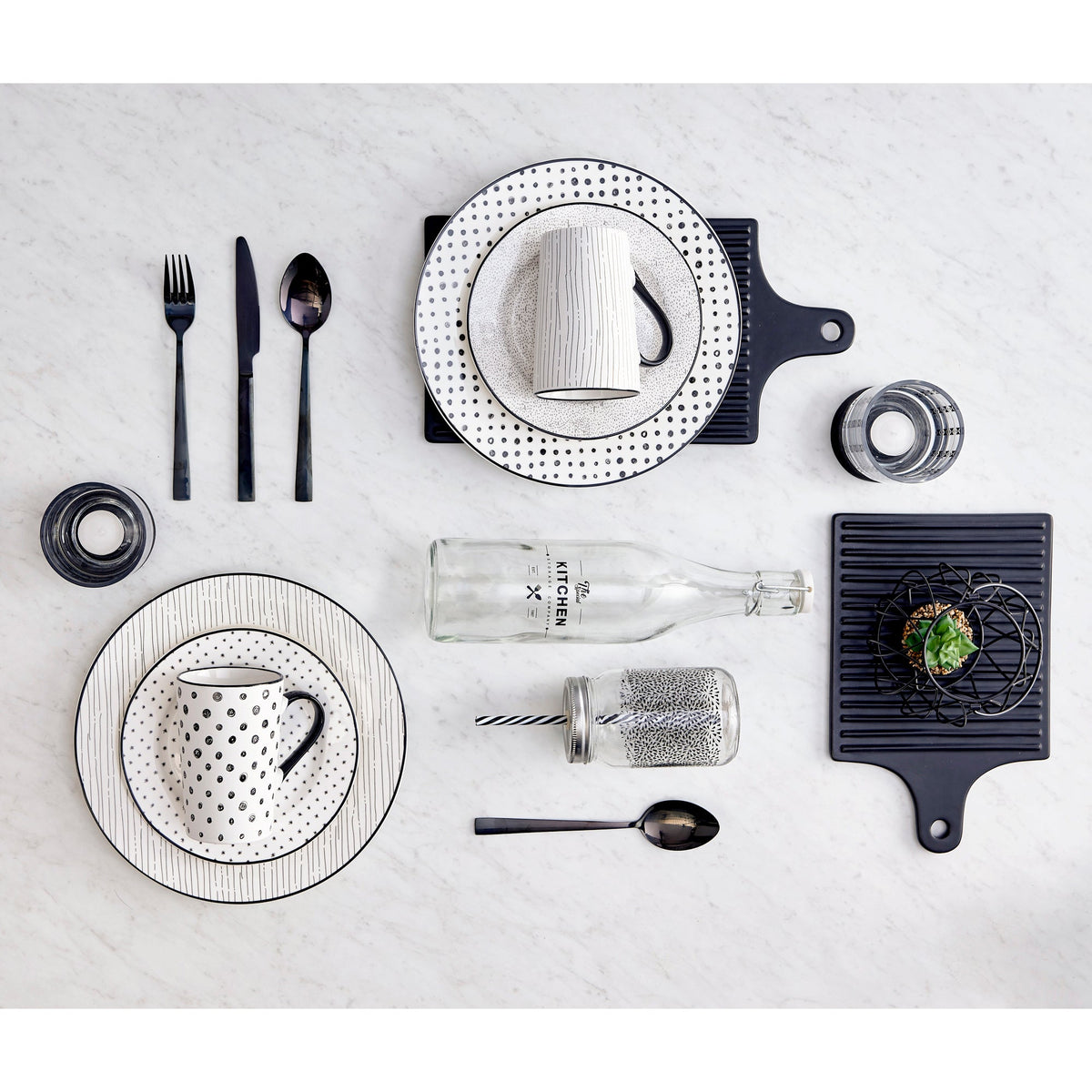 Black and White Patterned Porcelain 12-Piece Dinnerware Set with Black Flatware – view 9