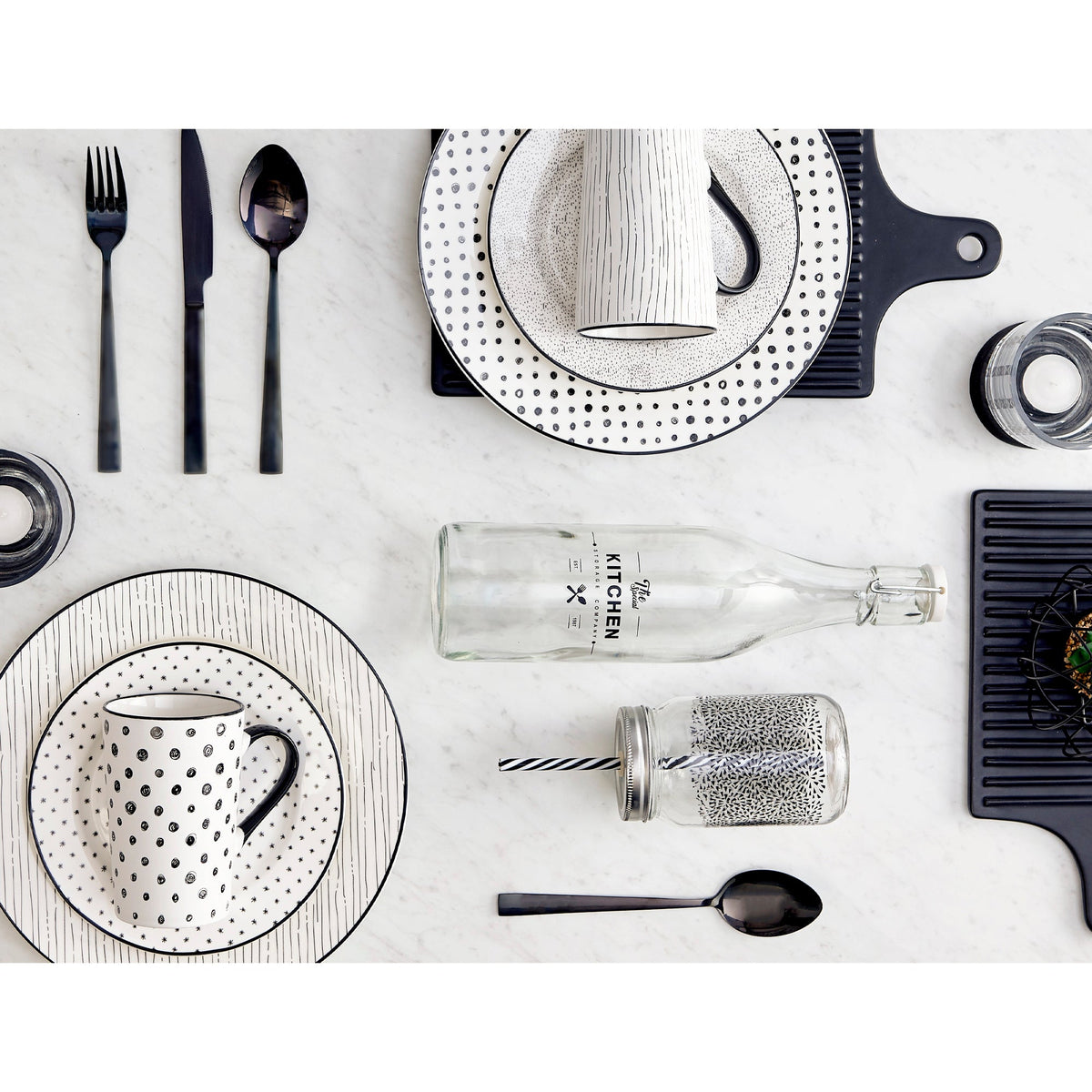 Black and White Patterned Porcelain 12-Piece Dinnerware Set with Black Flatware – view 10