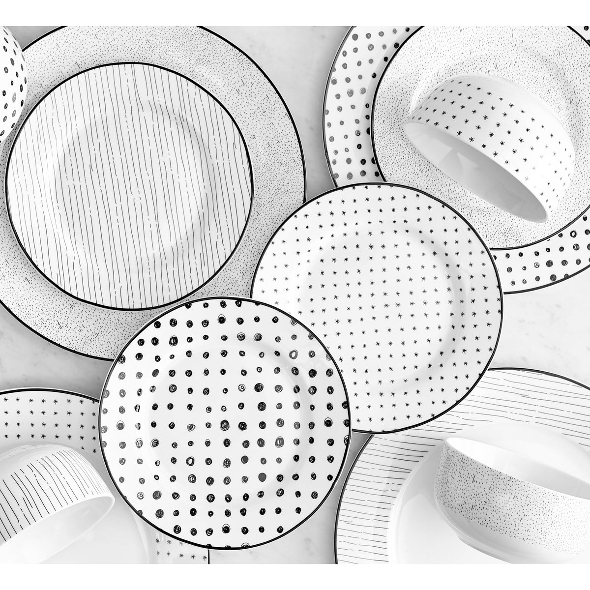 Black and White Patterned Porcelain 12-Piece Dinnerware Set with Black Flatware – view 12