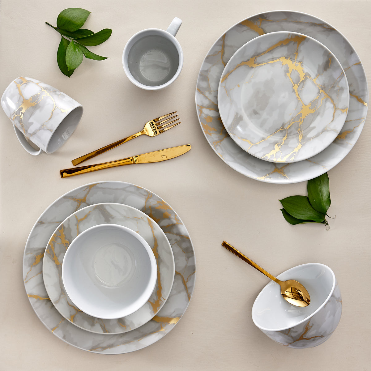 32 Piece Designer Exclusive Combo Set | 16 Piece Dinnerware Set Marble Gold Look & 16 Piece Set Flatware Set Gold, Service for 4, Dishwasher Safe, Plates, Soup or Cereal Bowls, Mugs, Forks, Spoon