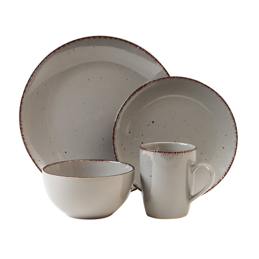 Gray Speckled Stoneware 16-Piece Dinnerware Set with Brown Rim and Silver Flatware – view 2