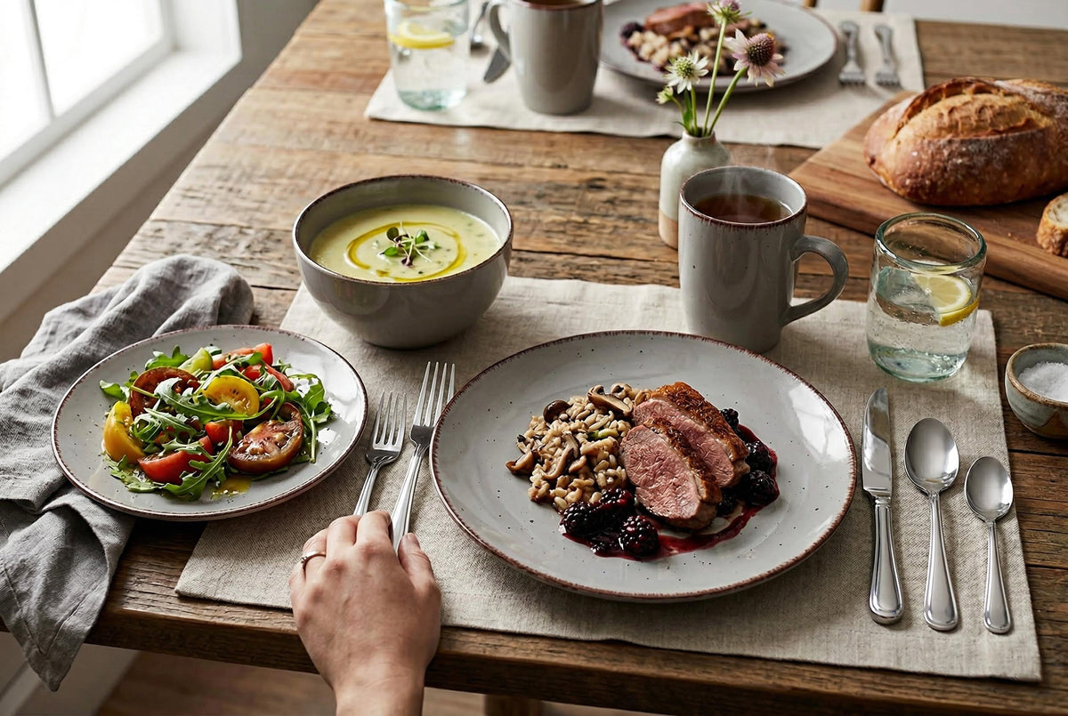 Gray Speckled Stoneware 16-Piece Dinnerware Set with Brown Rim and Silver Flatware – view 5