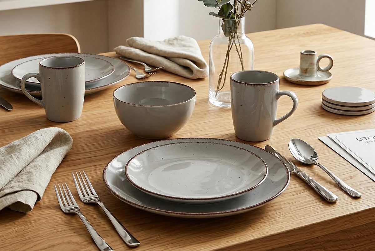 Gray Speckled Stoneware 16-Piece Dinnerware Set with Brown Rim and Silver Flatware – view 6