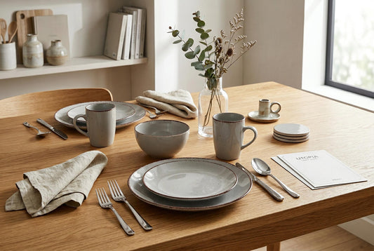 Gray Speckled Stoneware 16-Piece Dinnerware Set with Brown Rim and Silver Flatware
