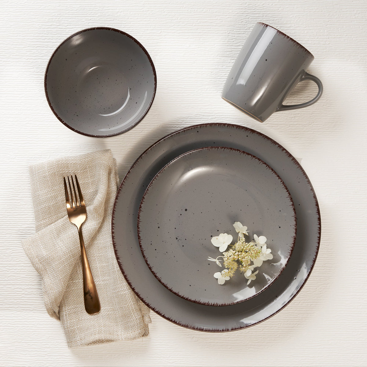 Gray Speckled Stoneware 16-Piece Dinnerware Set with Brown Rim and Silver Flatware – view 9