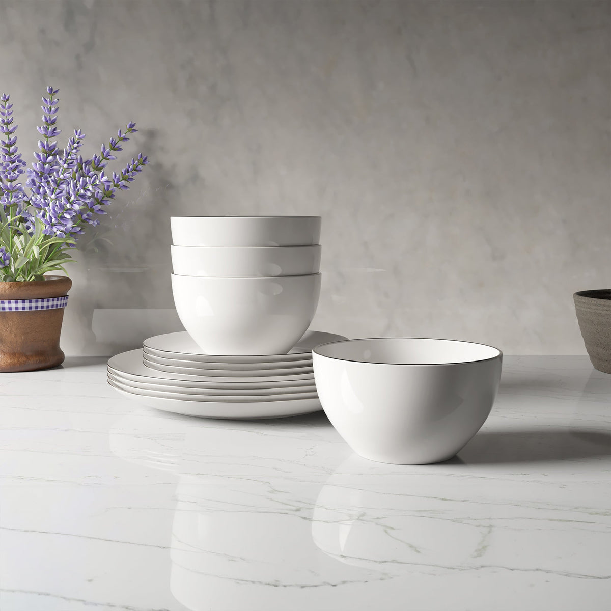 White Porcelain 12-Piece Dinnerware Set with Platinum Rim – view 12