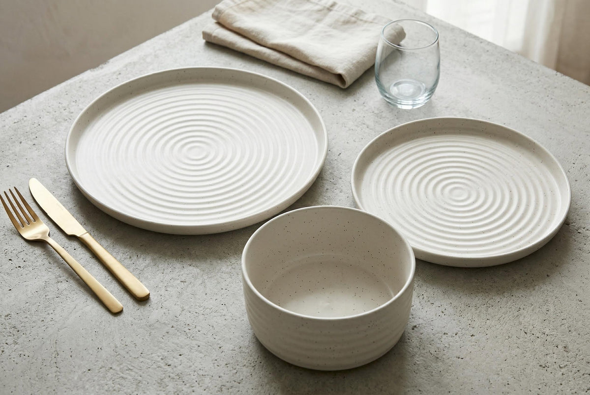Speckled Off-White Ribbed Stoneware 12-Piece Dinnerware Set – view 8