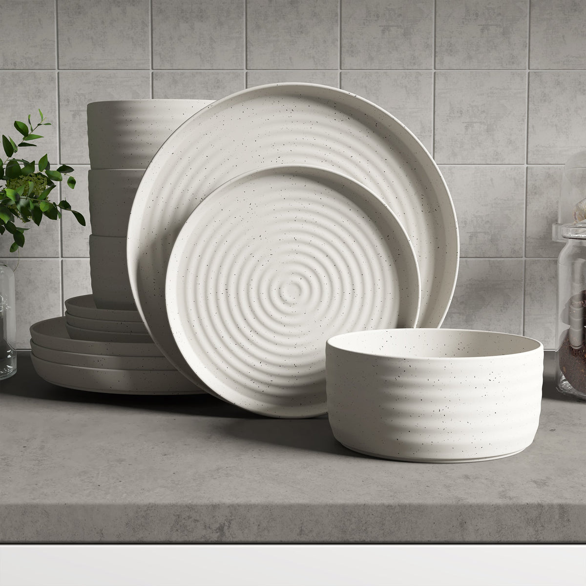 Speckled Off-White Ribbed Stoneware 12-Piece Dinnerware Set – view 11