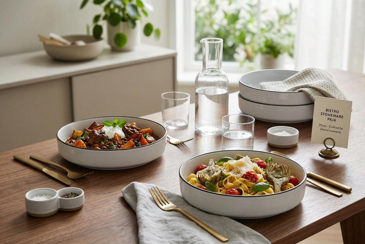 White with Black Rim Stoneware Pasta Bowls, Set of 4, 7.9 in | Bistro