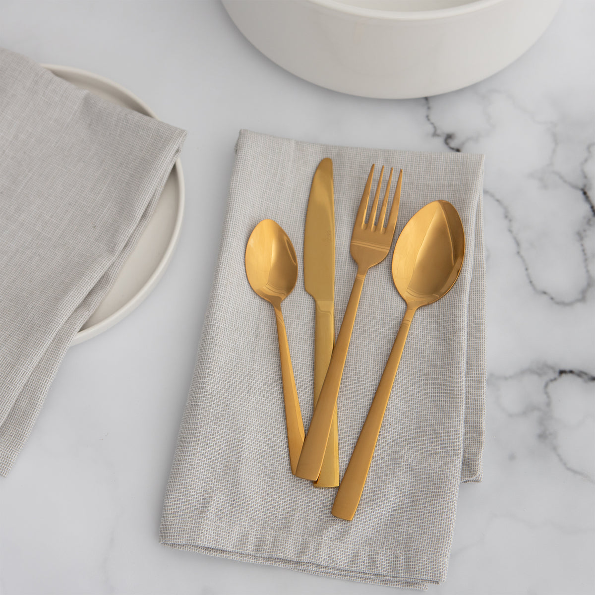 32 Piece Designer Exclusive Combo Set | 16 Piece Dinnerware Set Marble Gold Look & 16 Piece Set Flatware Set Gold, Service for 4, Dishwasher Safe, Plates, Soup or Cereal Bowls, Mugs, Forks, Spoon