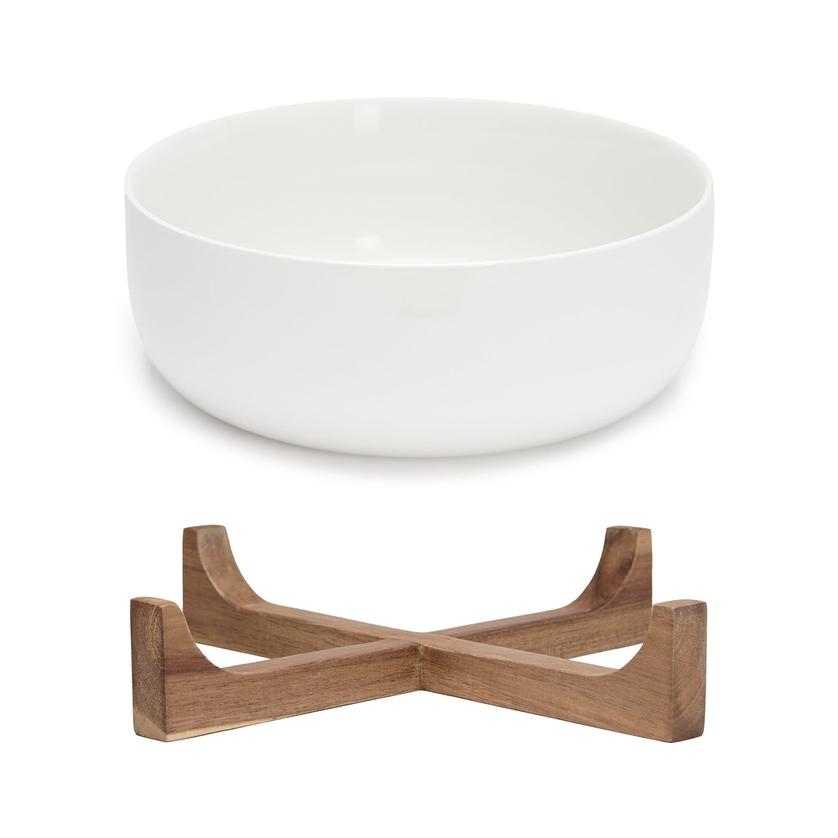 White Porcelain Serving Bowl with Acacia Wood Stand, 9.4 in, 2-Piece Set – view 3